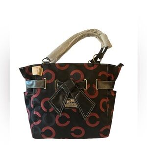 NWT Coach Signature Tote Bag Black Red Leather Bow Detail Satchel Large Handbag